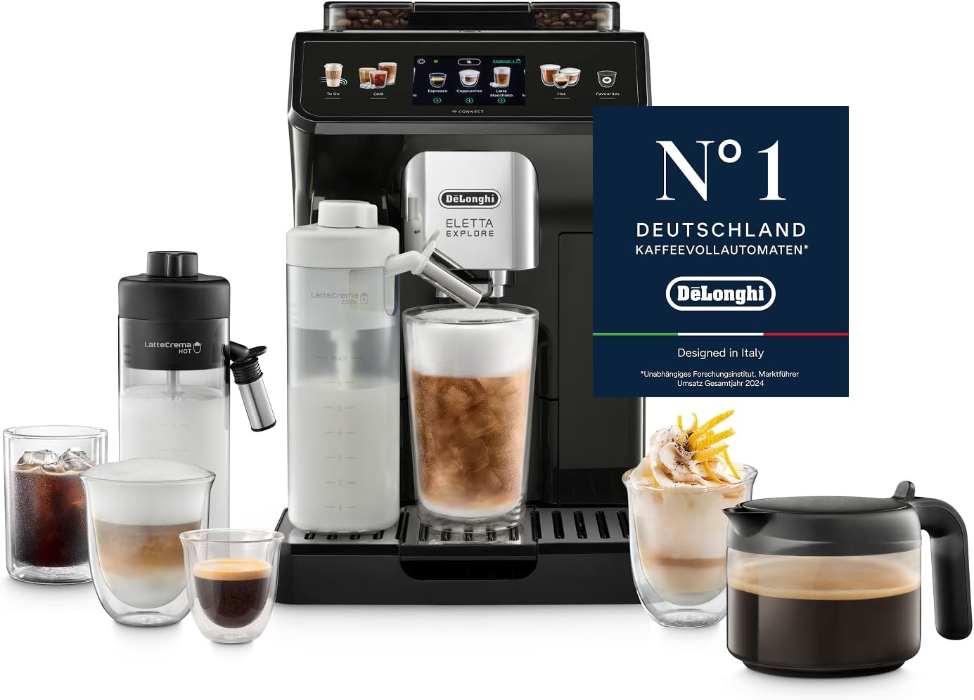 De\'Longhi Eletta Explore - Perfetto Fully Automatic Coffee Machine with LatteCrema Milk Frother, 50 Drinks Including Cold Brew at the Touch of a Button, Colored Touch Display, Dark Gray (ECAM452.67.G