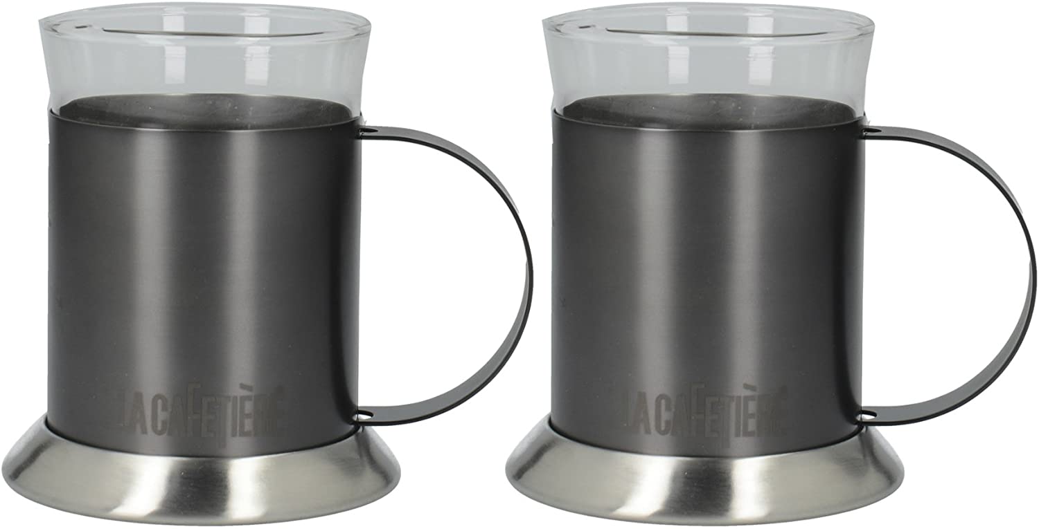 CREATIVE TOPS La Cafetière Edited Double Wall Glass/Metal Coffee Mugs, 7 fl oz - Gun Metal (Set of 2)