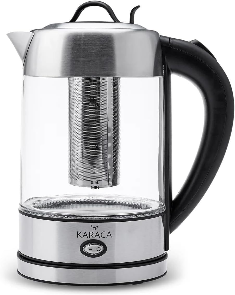 Karaca Glass Kettle 1.7 Liters, LED Lighting Inox, Stainless Steel Kettle, BPA-Free, 2200 Watt, 10/15 Cups, Keep Warm Function, Herbal Tea, Tea Maker