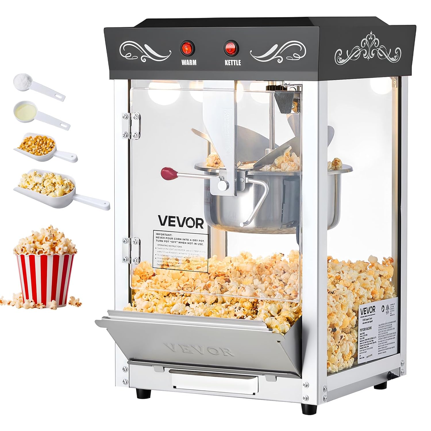 VEVOR Popcorn Maker with Stainless Steel Kettle, 800W Commercial Popcorn Maker, 48 Cups Per Load, Cinema Style, with 2 Button Operation, Glass Wall, PC Door, 1 Scoop, 3 Spoons, Black