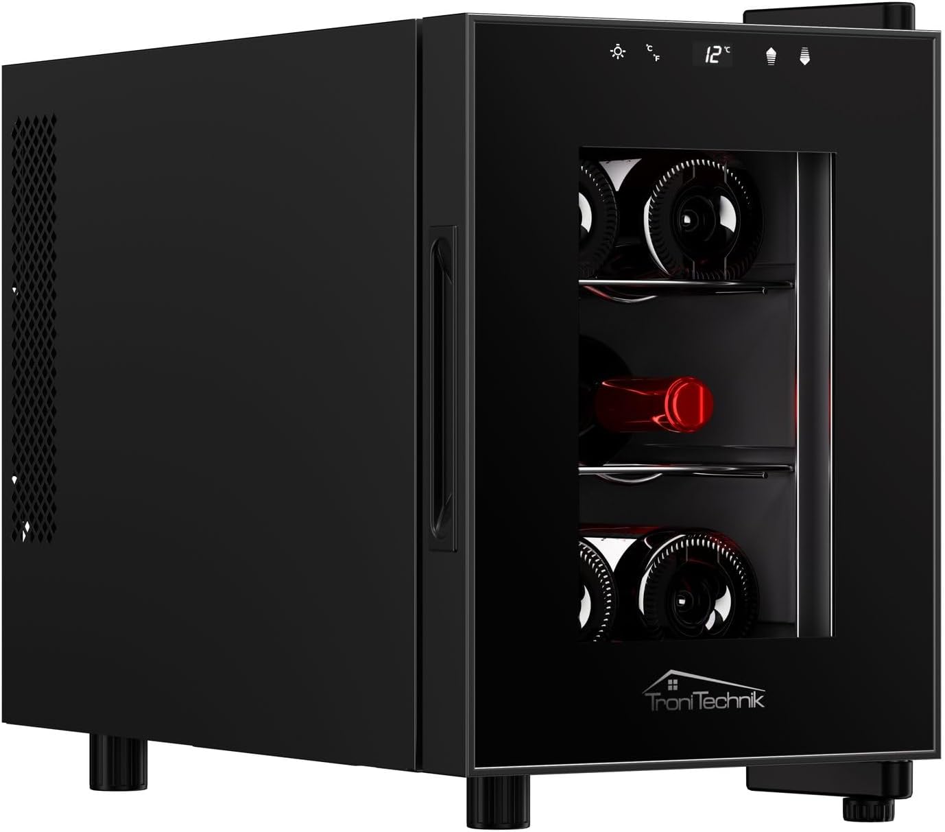Tronitechnik® Montpellier Wine Refrigerator, Mini Bar, Mini Fridge, Drinks Fridge 17 Liters, 6 Bottles, Wine Cooler with LED Light and Compartments, Freestanding