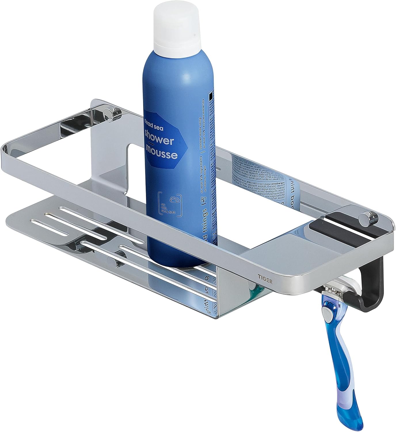 Tiger Store Tiger Caddy Shower Basket with Hooks, Stainless Steel Shower Caddy with Integrated Hook for Towel, Sponge, Razor or Squeegee, Colour: Chrome, W32 x H7.2 x D10.6cm
