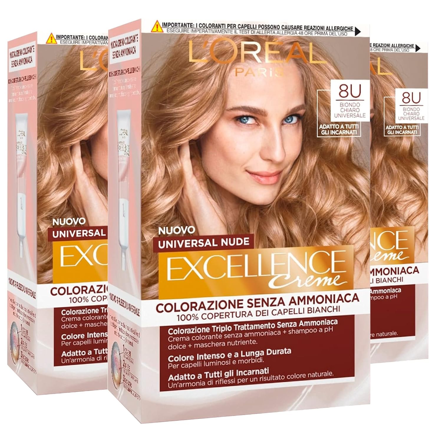 3 x L\'Oréal Paris Excellence Cream Permanent Hair Color Universal Nude Light Blonde 8U Triple Treatment - 3 Colors