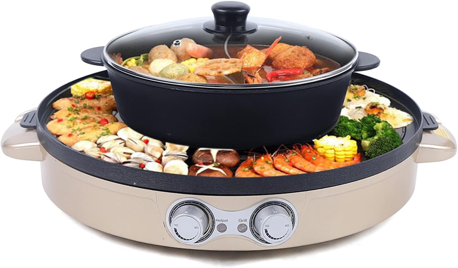 Dekltus Hot Pot and Grill Plate, Electric Hotpot Pot 2200 Watt / 29 cm Diameter, Grill Plate 44 cm Diameter, Korean BBQ Grill Thai Barbecue Fondue Raclette for 2-6 People