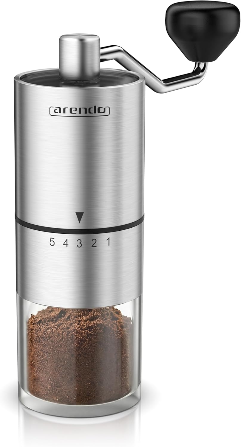 Arendo - Stainless Steel Manual Coffee Grinder - Ceramic Grinder - Adjustable Grinding Level 5 Levels - Hand Grinder - Clear Container for Coffee, Espresso, Mocha, Filter Coffee, French Press