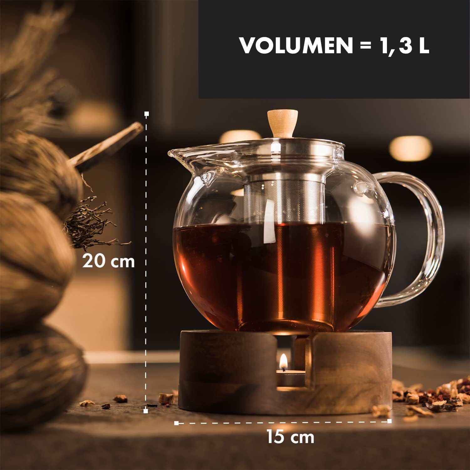 GLASWERK Teapot and Warmer Set (1.3 L) – Teapot with Warmer Made of Elegant Acacia Wood – Glass Teapot with Strainer Insert Made of Stainless Steel