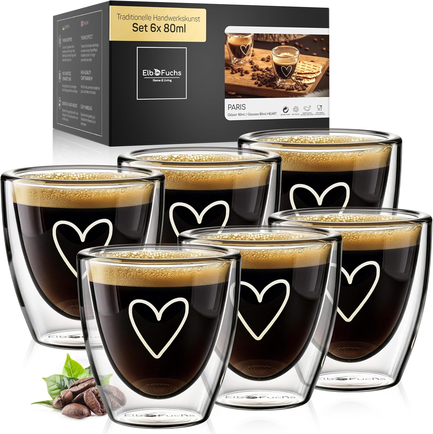 Espresso Cup Set Heart [6 x 80 ml] Double-Walled Espresso Glasses Set | Thermal Glasses Double-Walled | Unusual Espresso Cups Glass without Handle for All Espresso Machines