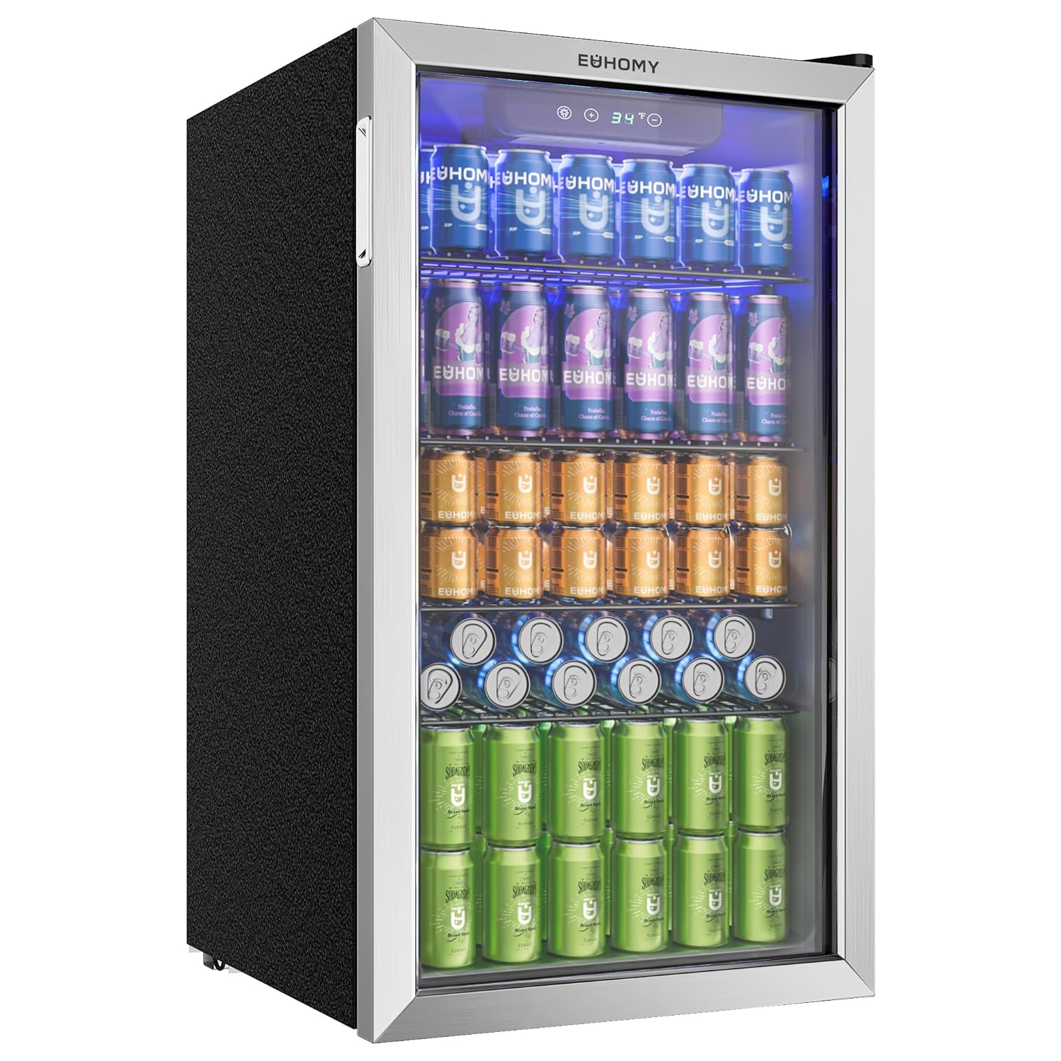 EUHOMY 90L Drinks Refrigerator, Mini Fridge for 126 Cans with Glass Door, Small Fridge with Adjustable Shelves for Lemonade, Beer or Wine, Perfect for Home/Bar/Office, Silver, Stainless Steel