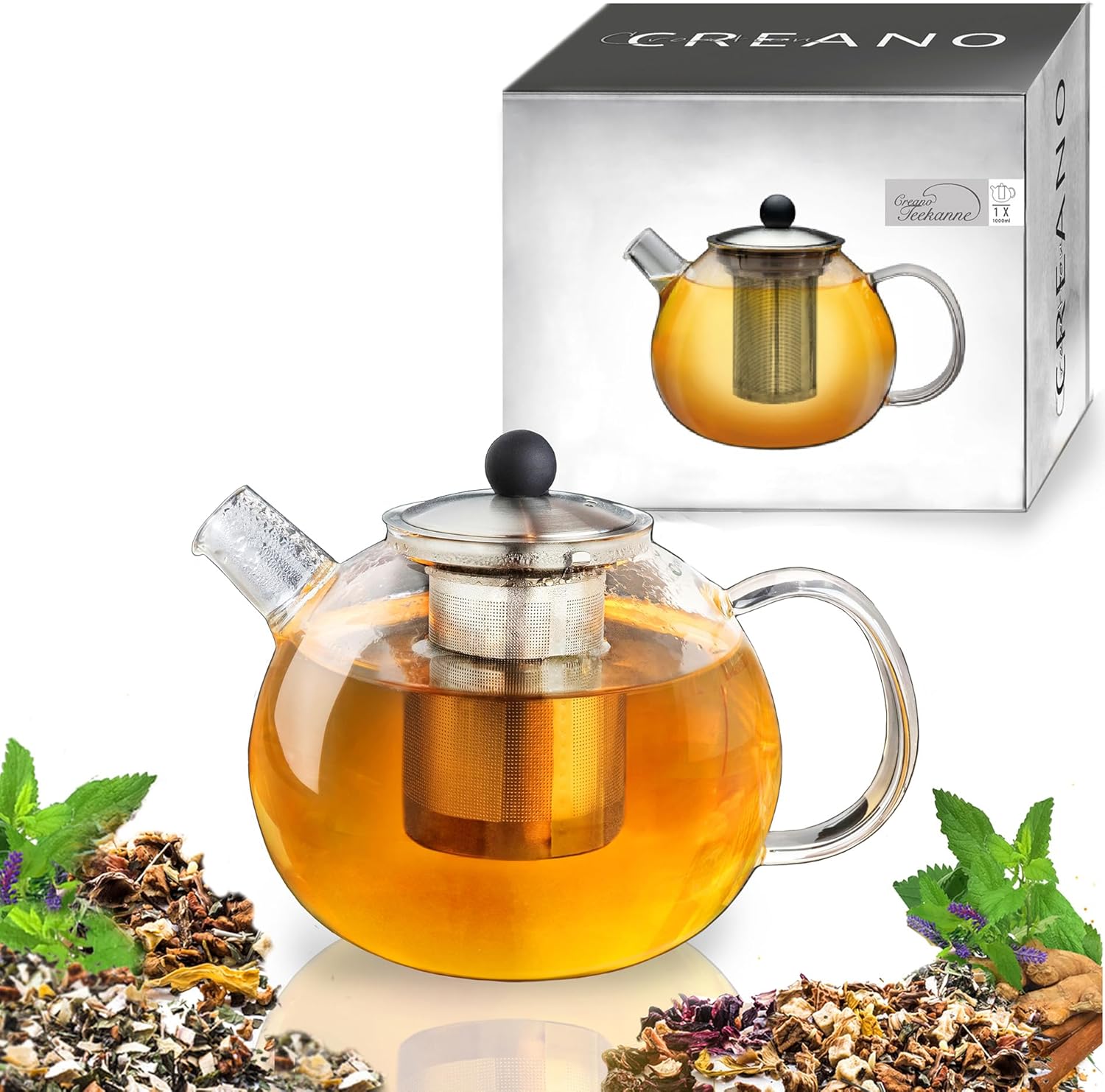 Creano Teapot with Glass Strainer Insert 1.0 L - Glass Teapot with Stainless Steel Strainer and Lid - Ideal for Preparing Loose Teas - Drip-Free