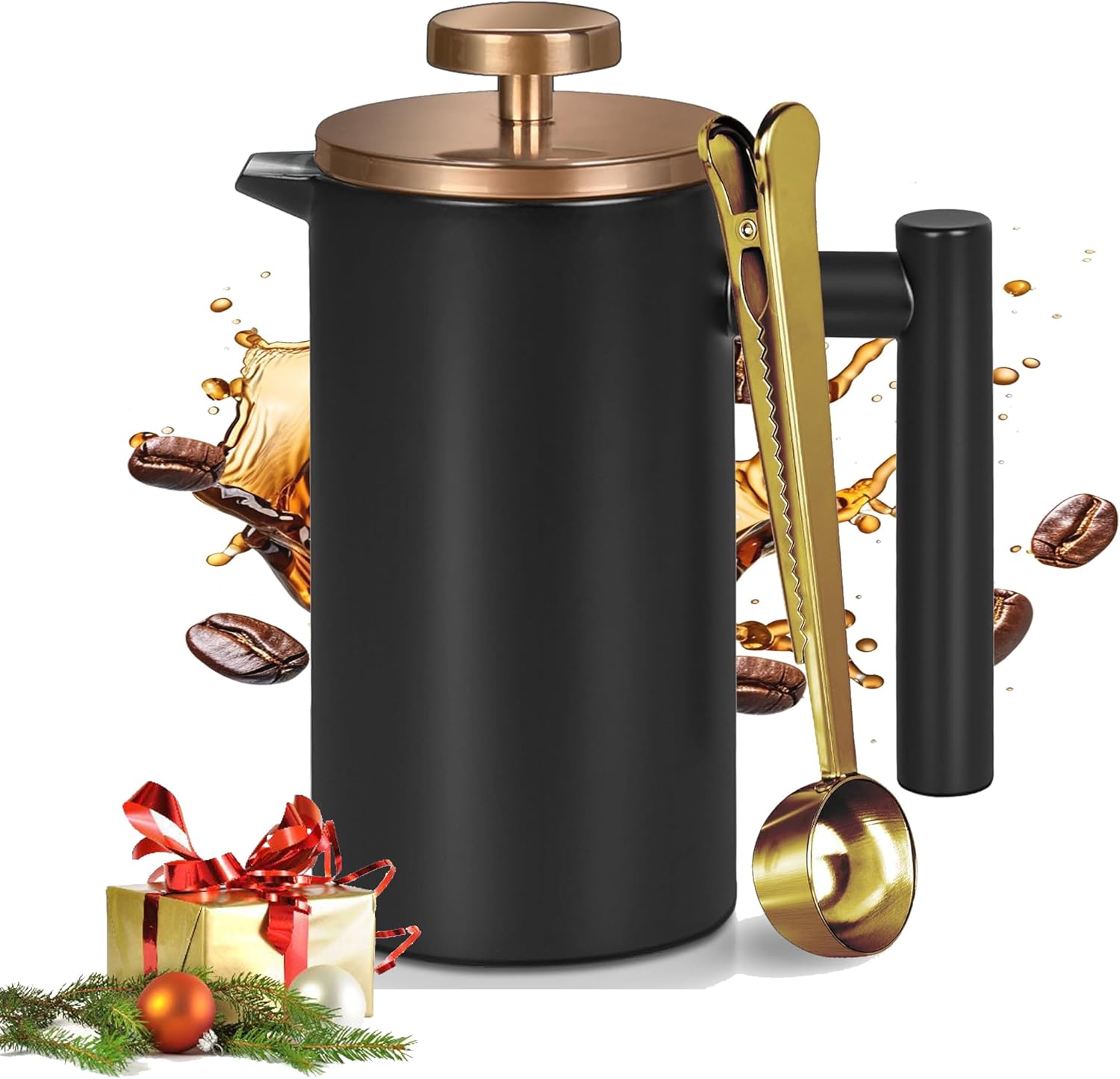Black Mini French Press Coffee Maker 350 ml, Single Cup French Press with Rose Gold Lid (1 Cup Compact Travel Size) Dishwasher Safe