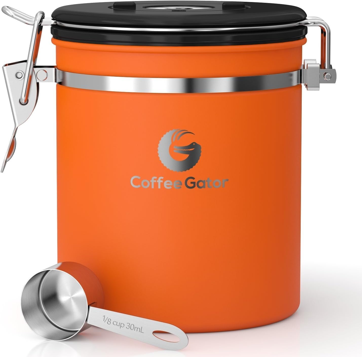 Coffee Gator Coffee Tin - 6" Stainless Steel Coffee Tin for Ground Coffee with Date Tracker, Co2 Release Valve, Measuring Scoop & Travel Glass - Medium, Orange