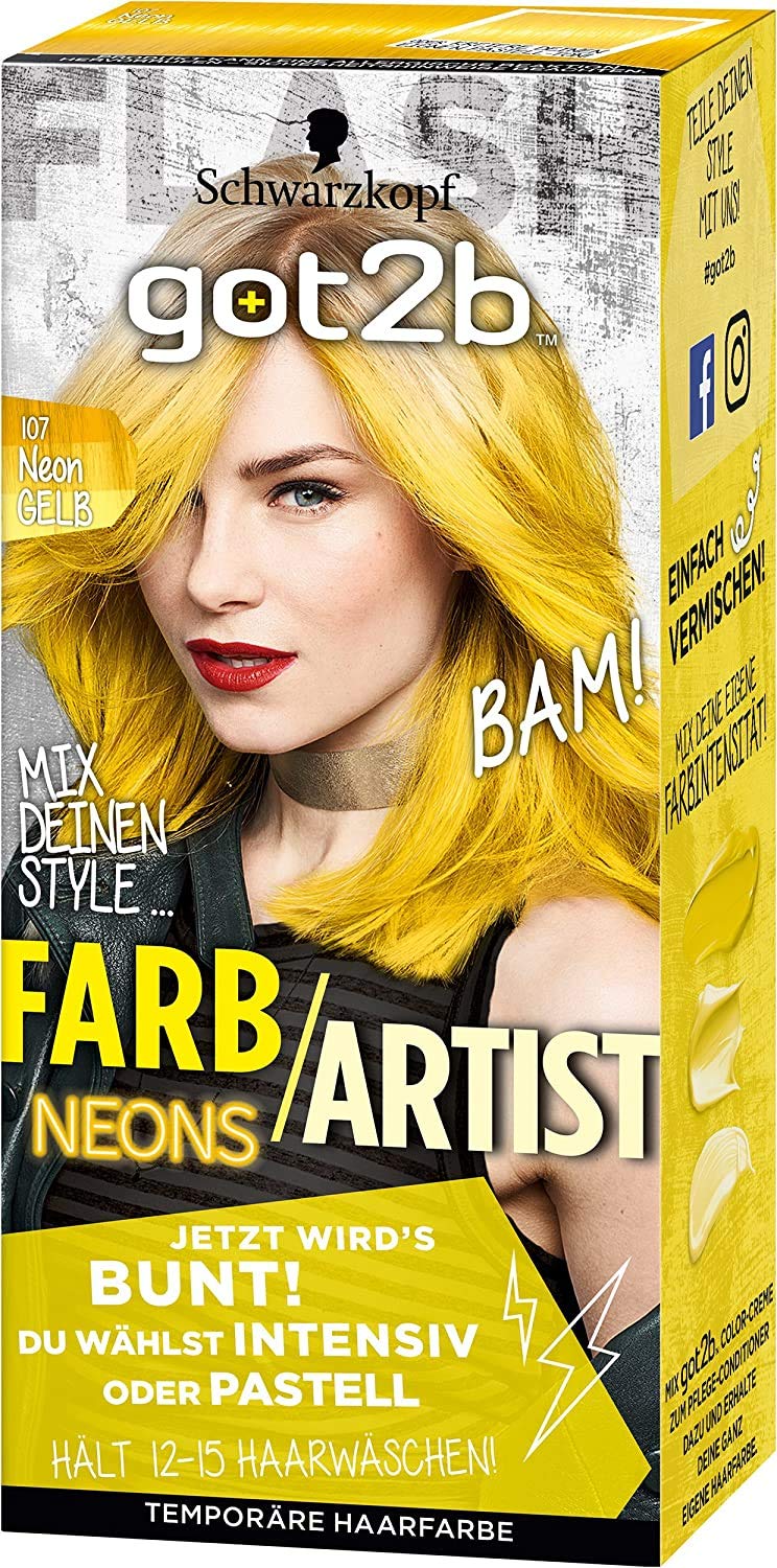 Schwarzkopf Got2b Colour Artist Hair Colour Neon Pink, Yellow or Orange 80 ml Each 107 Neon Yellow, ‎neon