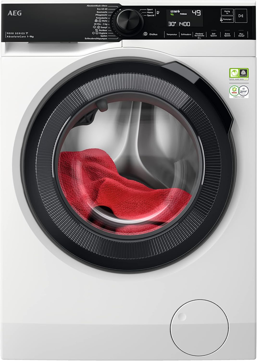 AEG LR9W75490 WiFi Washing Machine, Series 9000 with AbsoluteCare, SoftWater, Water Pre-Softening, ProSteam, Refresh Function, 9.0 kg, Quiet, Automatic Volume, Refill Function, 1400 rpm