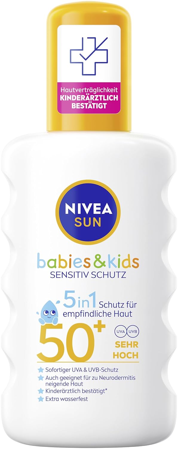 Nivea Sun Babies & Kids Sensitive Protection 5-in-1 Sun Spray SPF 50+, Extra Waterproof Sun Cream Spray for Children, Fragrance-Free Sun Protection, Also for Eczema-Prone Skin (200 ml)