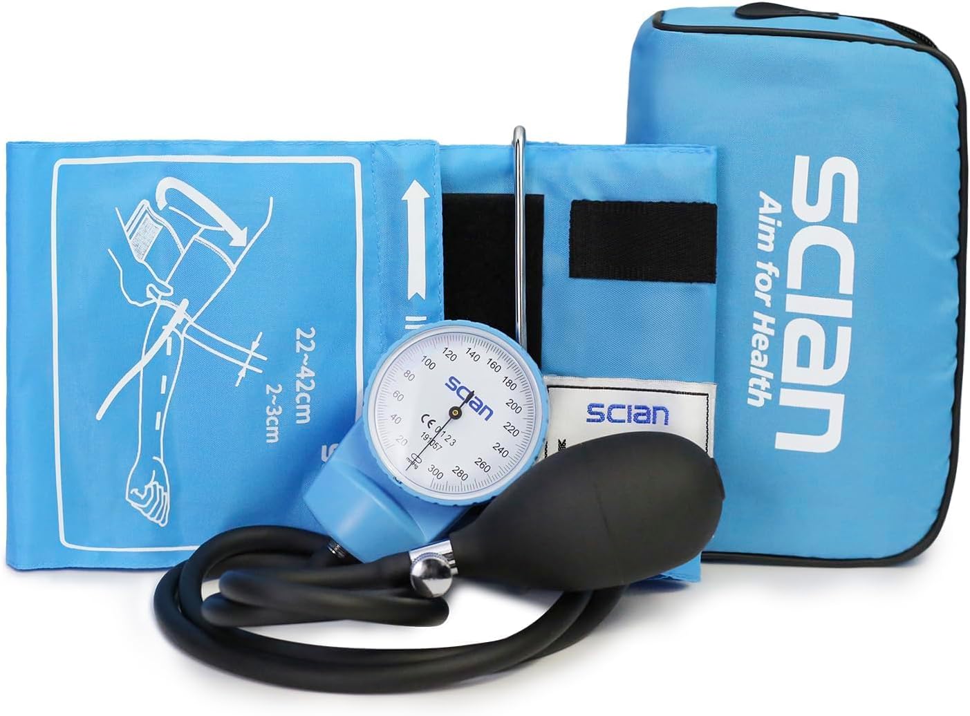 Scian Store Scian Manual Blood Pressure Monitor - Aneroid Sphygmomanometer with D-Ring Universal Cuff 22-42cm Carrying Bag for Nurses, Doctors, Seniors, Adults (Sky Blue)