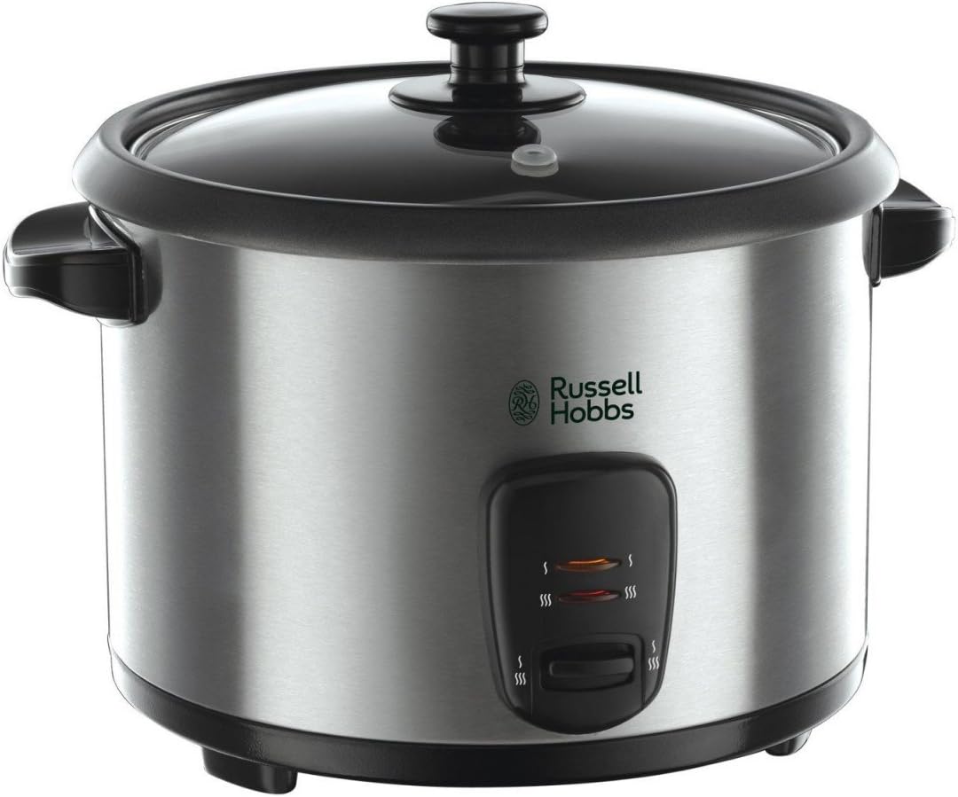 Russell Hobbs 19750-56 Rice Cooker [1.8 L] with Steamer Insert (Keep Warm Function, Non-Stick Coated Garden Pot, Rice Spoon & Measuring Cup, Stainless Steel, Glass Lid, Slow Cooker for Vegetables & Fish etc)