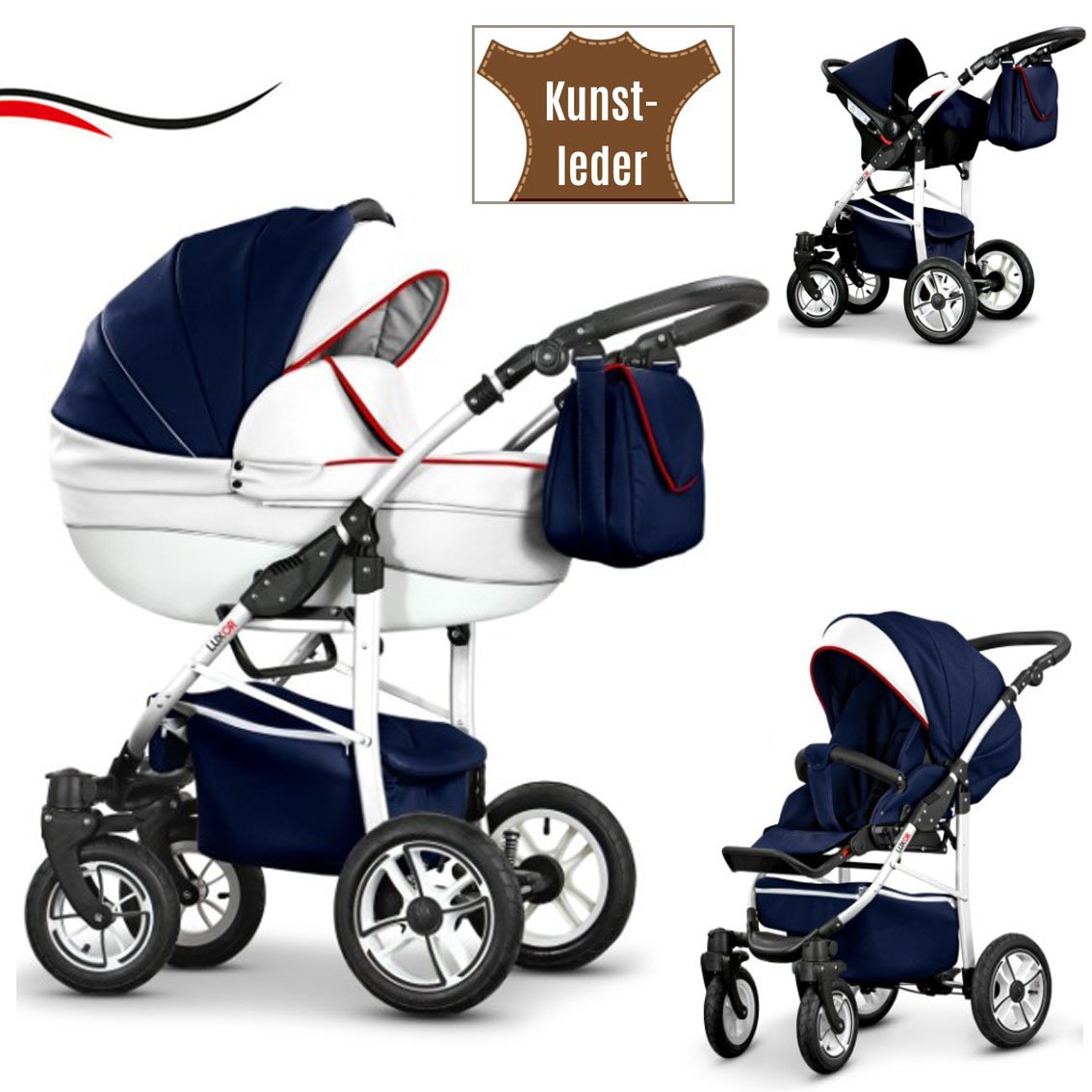 dein_babyladen 16-Piece Quality Travel System 3-in-1 \"Cosmo-Eco\" - Faux Leather: Pushchair + Buggy + Car Seat + Swivel Wheels - Mega Equipment - All Inclusive Package in 37 Great Colours