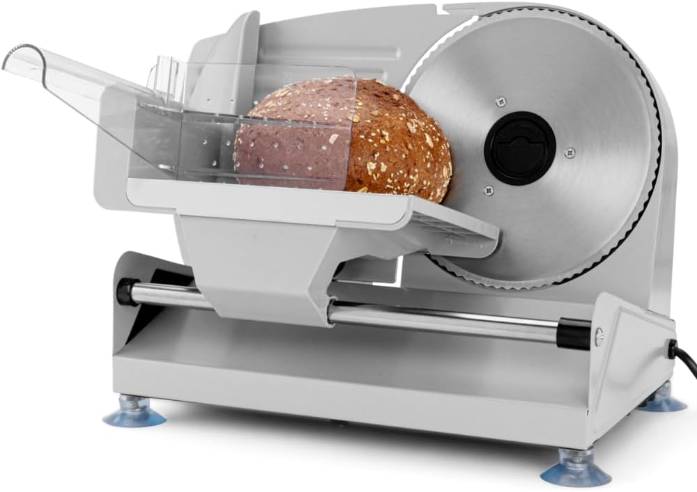 Clatronic MA 3585 All-Metal Food Slicer / Large, Rustproof Stainless Steel Blade (Diameter 190 mm), 150 Watt, Universal Serrated Blade, Die-Cast Aluminum Motor Housing, Freely Adjustable Cutting Thickness (0 - 15 mm)