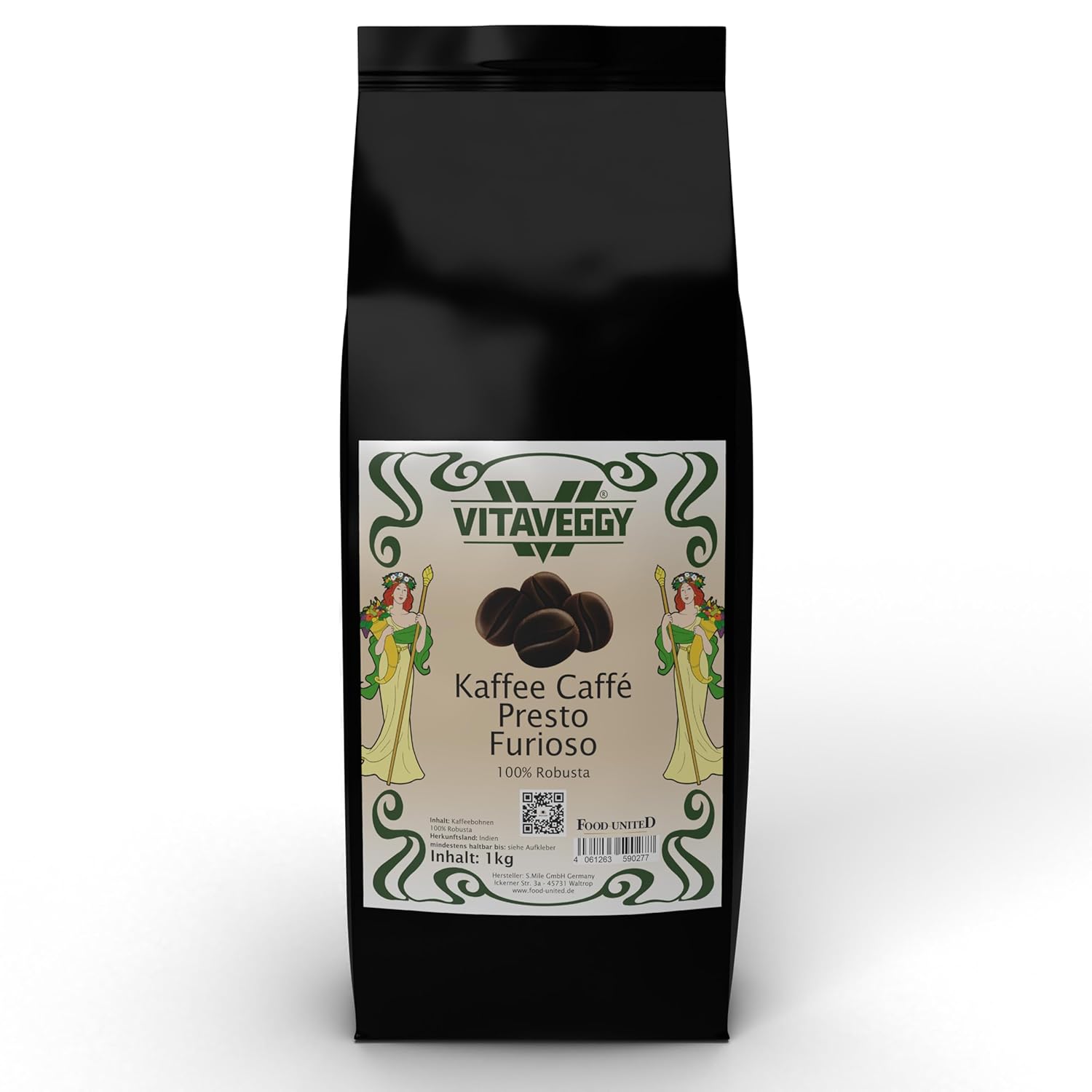VITAVEGGY 100% Robust Coffee Beans 1 kg | Presto Furioso | Intensely Roasted in Germany | Lots of Caffeine | Roasted Coffee Beans from Kerala India | by Food United | for Strong Espresso (1)