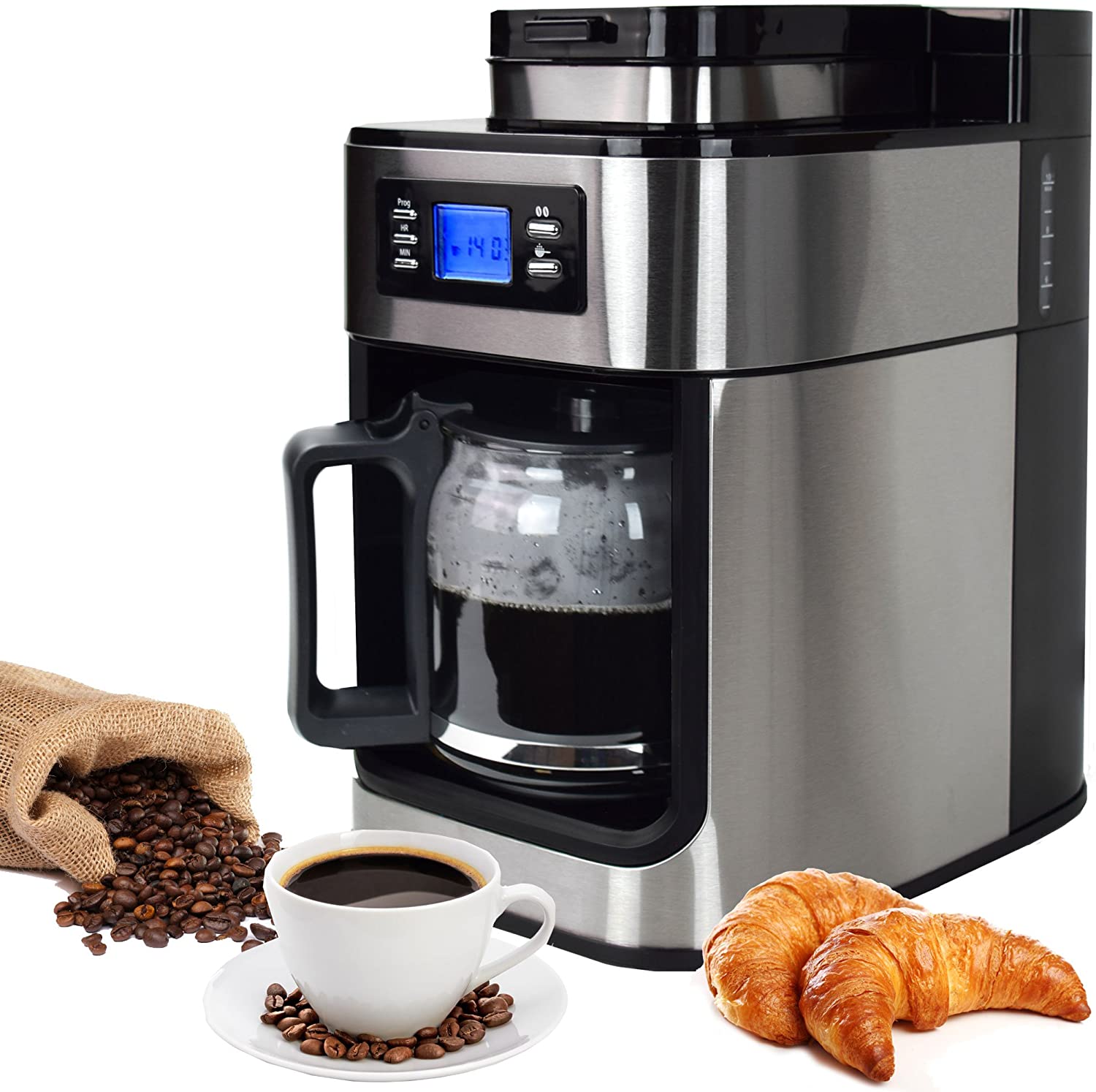 Syntrox Germany KM-1050W Stainless Steel Coffee Machine with Grinder Mill Timer