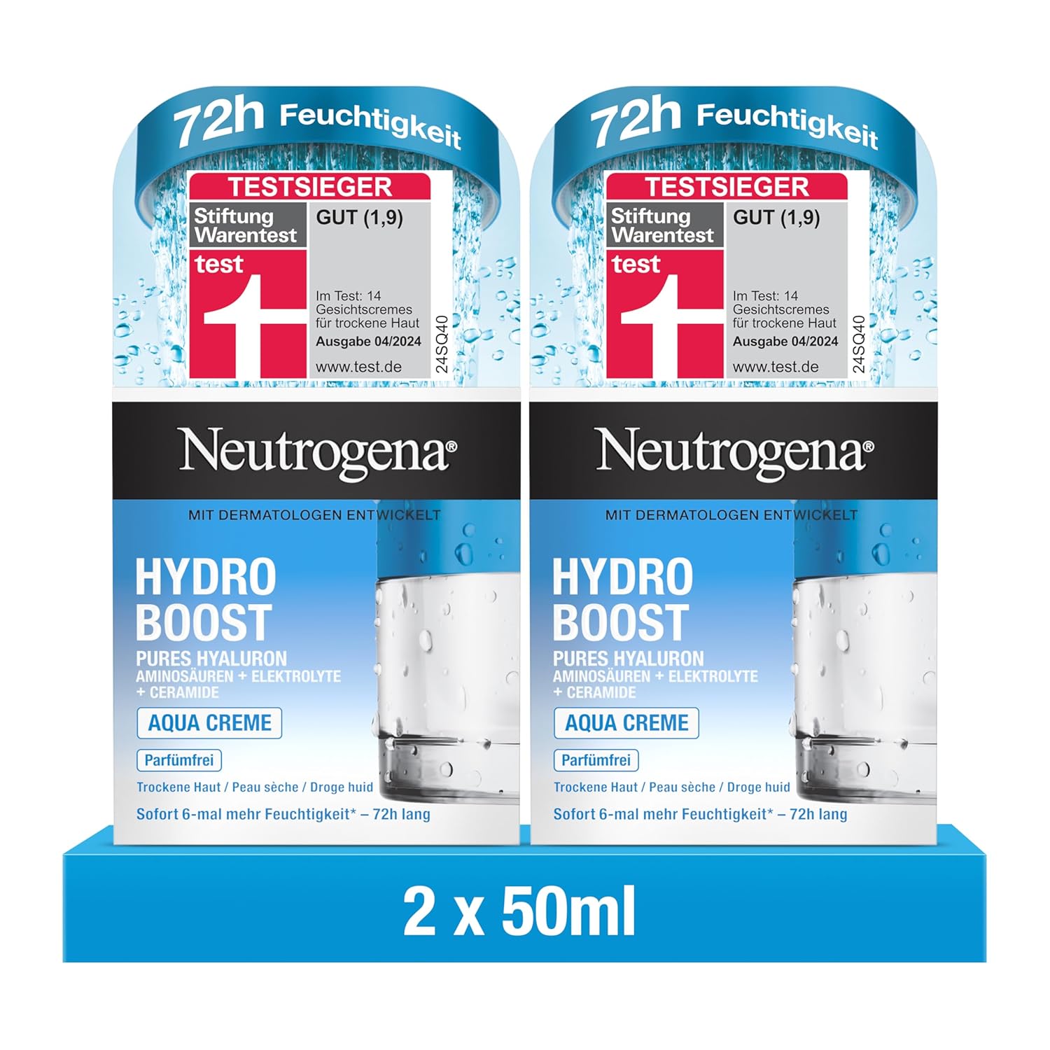 Neutrogena Hydro Boost Aqua Cream (2 x 50 ml), Fragrance-Free Face Cream with Hyaluronic Acid, Amino Acids, Electrolytes and Ceramides, Intensive Face Care for Smooth and Smooth Skin, Twin Pack