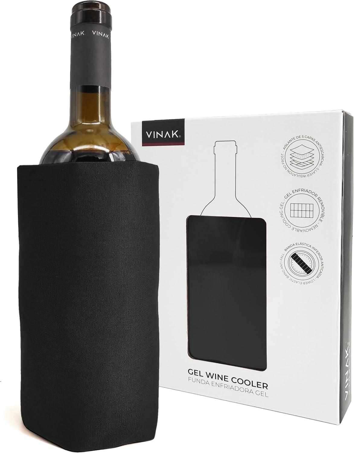 VINAK - Cooling Cover for Wine Bottles Gel | Wine Cooler with High-Quality No-Frost Gel | Made of 5 Insulation Layers | Anti-Fall Elastic Band on the Bottom (Gel Black)