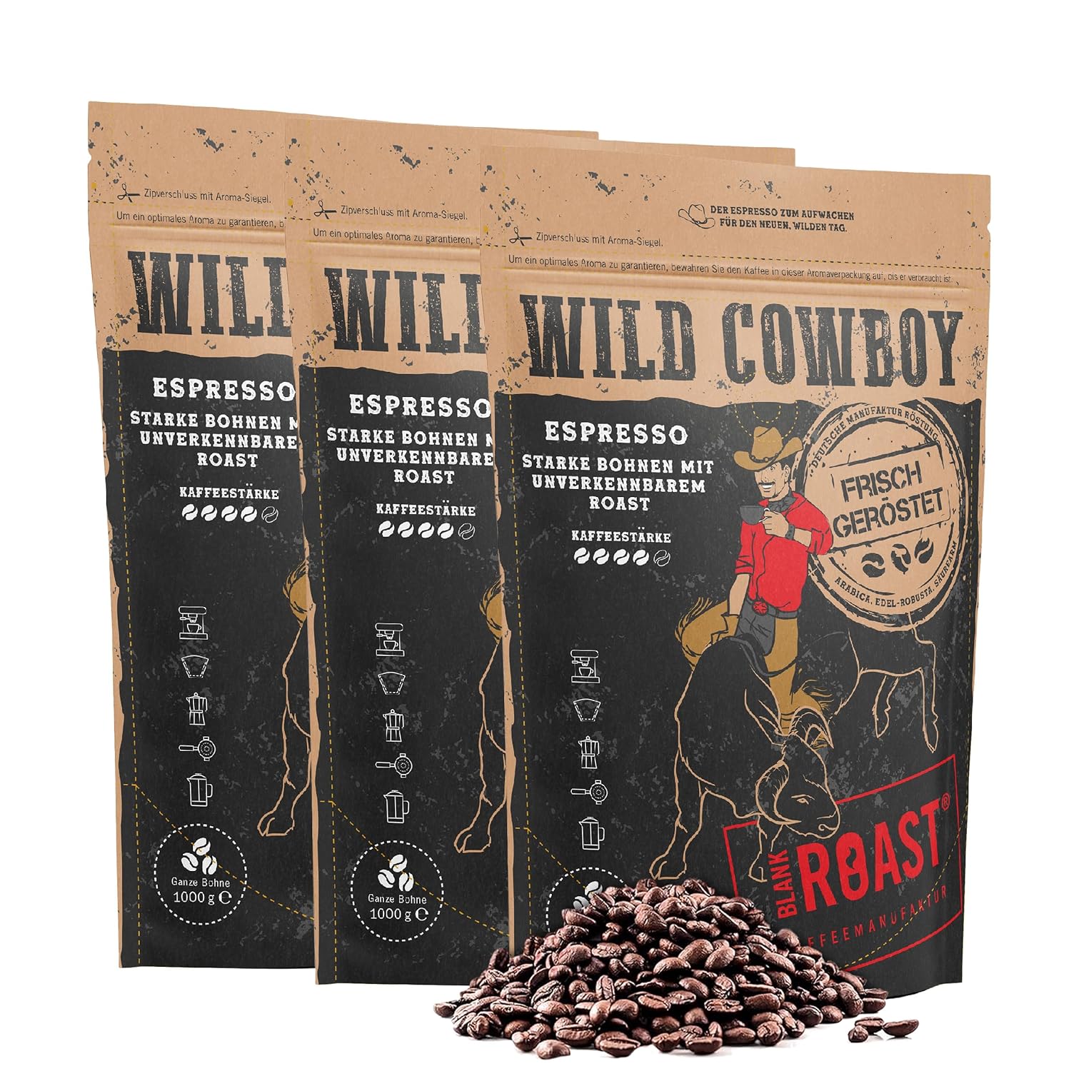 Blank Roast - Wild Cowboy Espresso - Espresso Beans 1 kg (Pack of 3) - Roasted with Hickory Wood - Arabica & Edel Robusta - Blend from Brazil and Uganda - with Chocolate Nuances - Low Acid