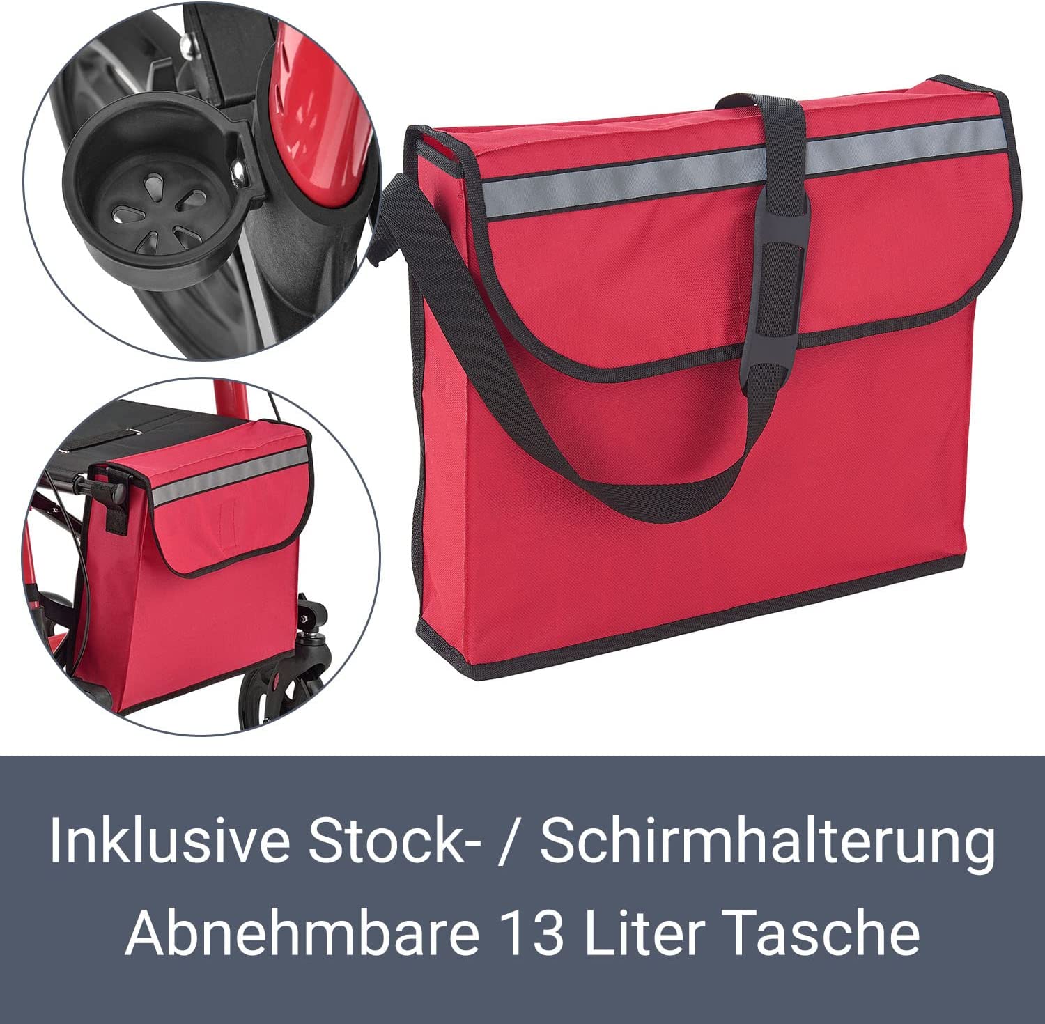 Juskys Vital Rollator Red - Walking Aid Foldable & Lightweight Aluminium up to 130 kg - Height Adjustable with Seat, Bag & Umbrella Holder