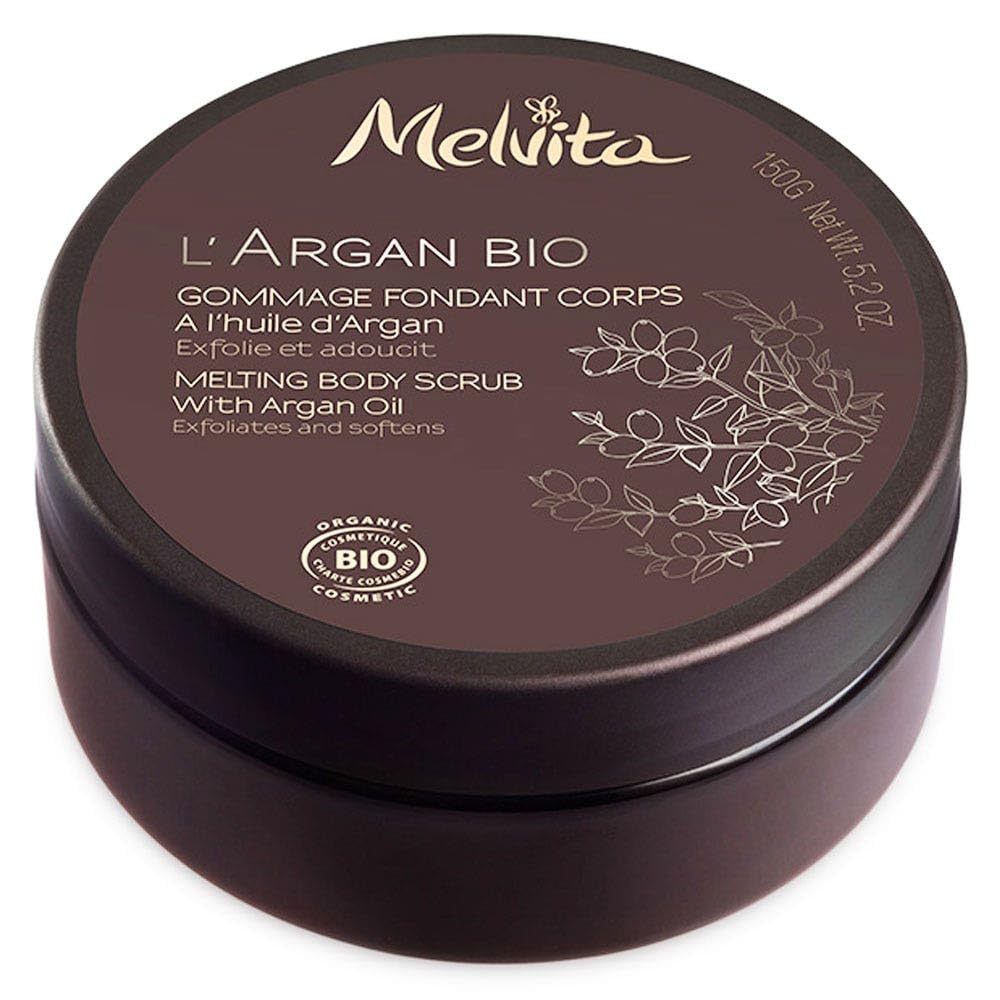 Melvita – Bio-Argan Körperpeeling – Sanftes Peeling – Entfernt abgestorbene Hautschüppchen und Unreinheiten – Natürlich – Bio-zertifiziert – Vegane Formel – Hergestellt in Frankreich – Tiegel 150 g