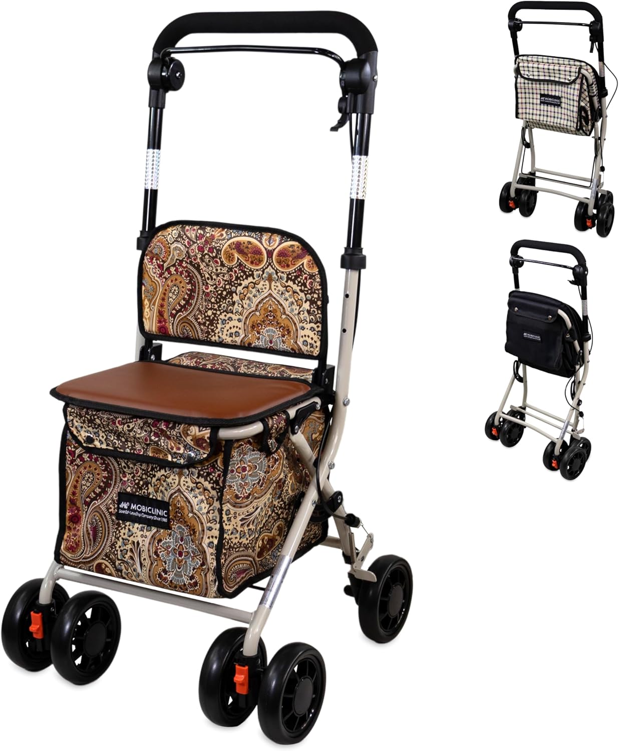 Mobiclinic®, Coliseo Rollator with Large Shopping Bag and Seat, Foldable, 21 Litres, Shopping Trolley, 4 Wheels, Steel, Padded, Brake System, Original Print