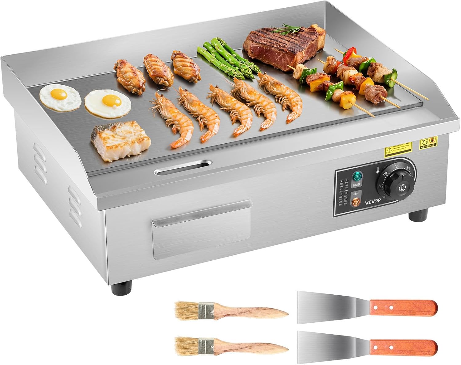 VEVOR Electric Grill Commercial Grill Plate (535 x 300 mm) 3200W with 50-300°C Adjustable Temperature Control, Griddle Plate with 2 Spatulas & 2 Brushes & 4 Foot Pads for Steak