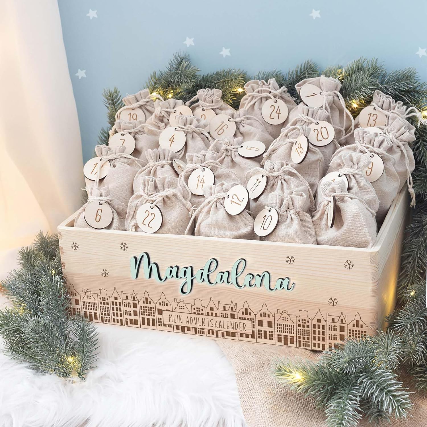 Personalized Advent Box - Wooden Advent Calendar with Name - Engraving Calendar DIY - Christmas Calendar for Children - Hello Mini (City 3D)