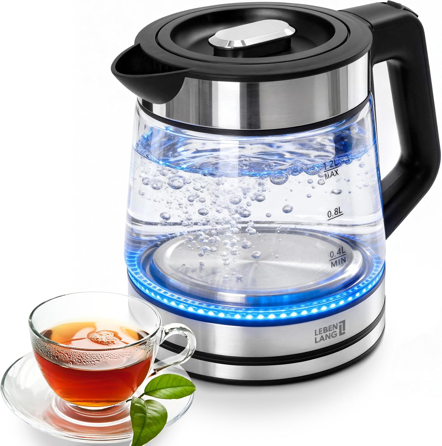 LEBENLANG Glass Kettle Small - 1.2 Liters with LED Lighting I Stainless Steel Design BPA-Free Kettle 1 L 1 2 L Glass Kettle Quiet & Small Travel Kettle for Camping