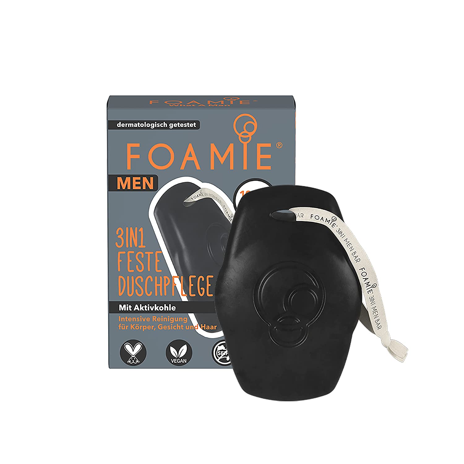 Foamie 3-in-1 Solid Shower Care What A Man, Firm Shower Gel & Shampoo for Men with Activated Carbon, Facial Cleansing 100% Vegan for Skin & Hair, Firm Shower 90 g, ‎black
