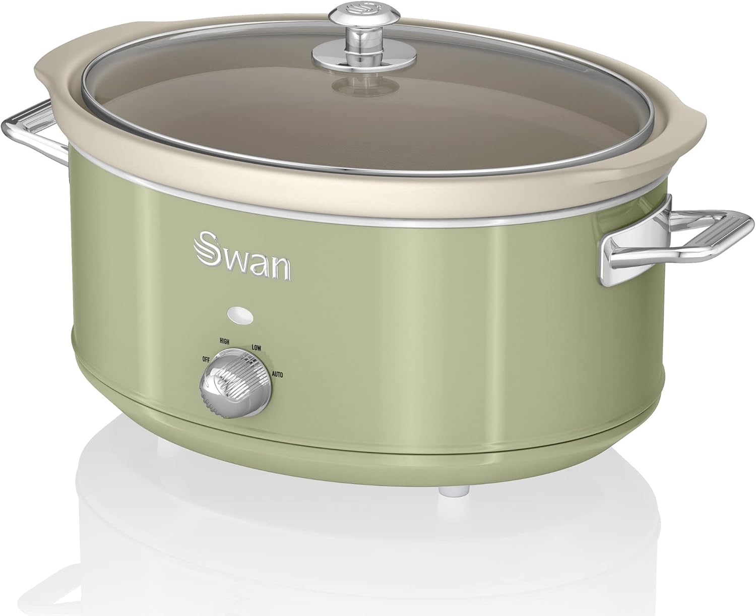 Swan Retro SF17031GNEU Slow Cooker 6.5L Removable Cooking Container, PFOA and PTFE Free Ceramic Non-Stick Container, 3 Temperature Levels, Glass Lid, Vintage Design, Green, 320W
