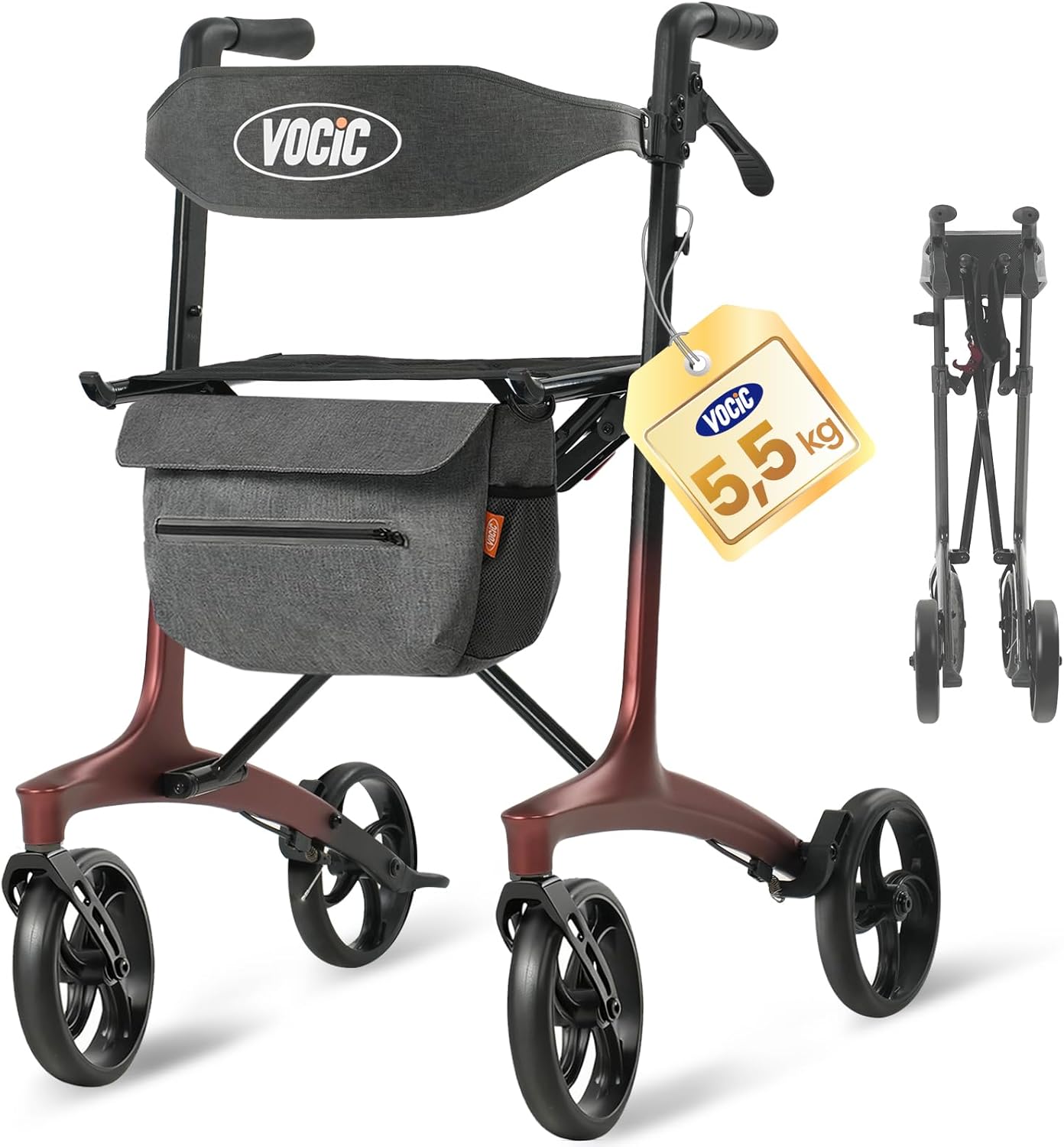 VOCIC Z75 Carbon Rollator Foldable and Lightweight with Seat, 5.5 kg Ultralight Rollator Slim for Home, Indoor & Outdoor Foldable Rollators Foldable for Seniors, Max. 136 kg, 5 Years Support, Ruby Red