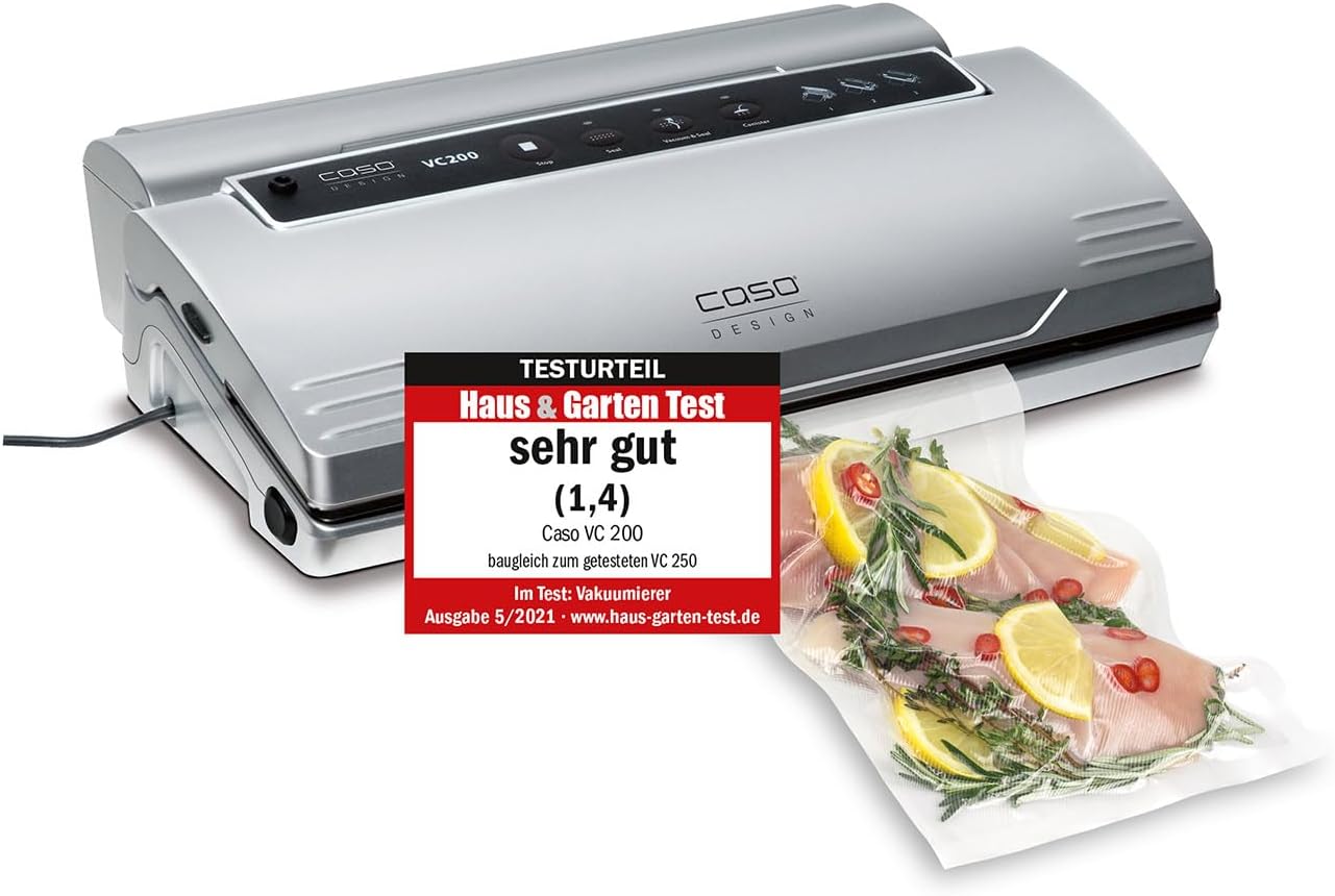 CASO VC200 vacuum sealer - vacuum sealer, food stays fresh up to 8x longer, double weld seam, incl. Foil box and cutter, incl. 2 professional foil rolls & hose for vacuum container