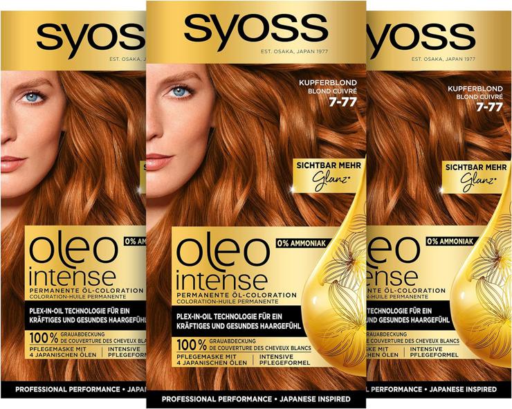 Syoss Oleo Intense Oil Coloration 7-77 Copper Blonde Level 3 (115 ml), Permanent Hair Color with Nourishing Oil, Coloration without Ammonia