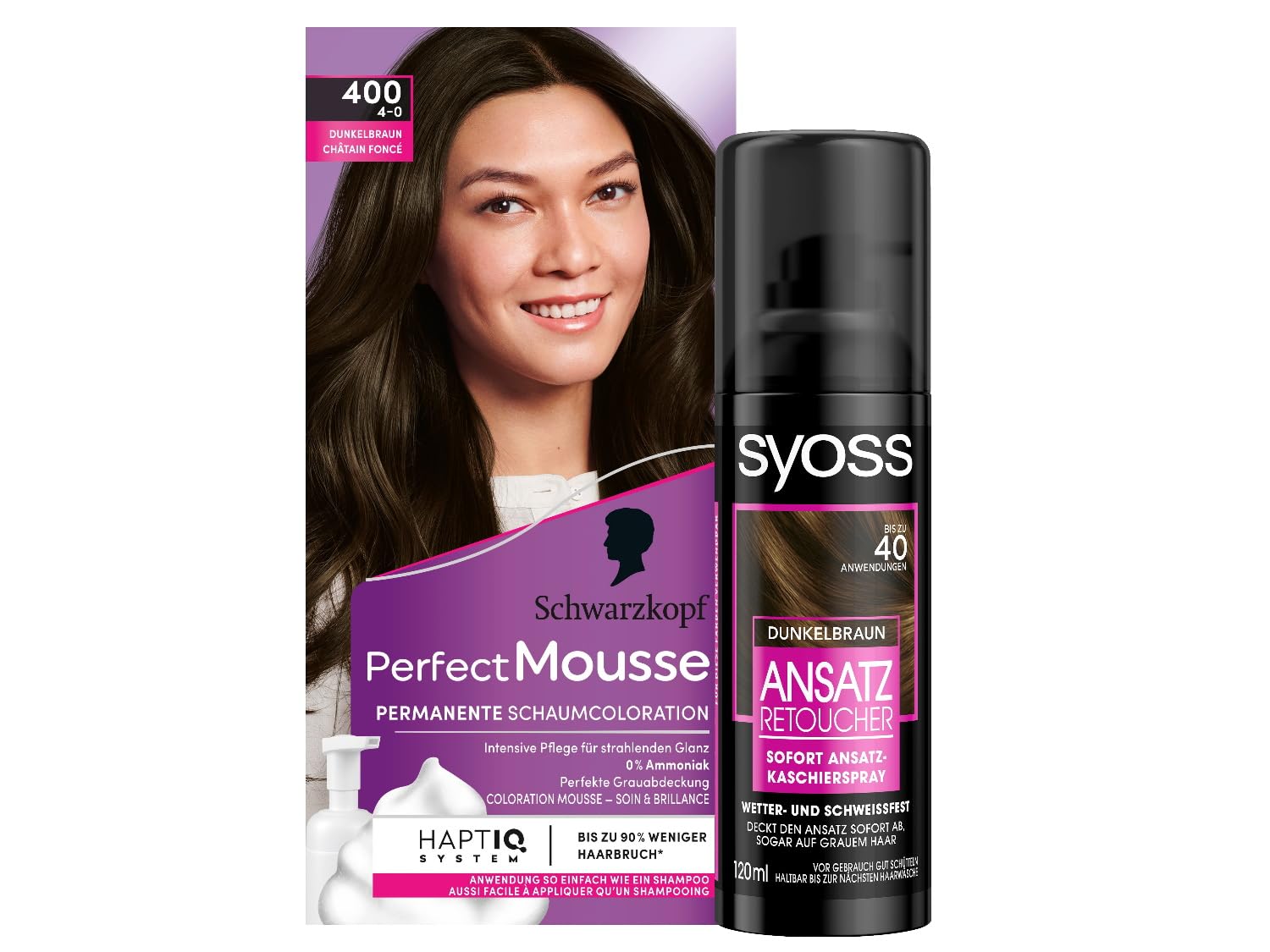 Perfect Mousse Foam Colouration 4-0/400 Dark Brown Level 3 1 x 93 ML & Syoss Root Root Retoucher Concealer Spray Dark Brown Level 1, Root Color Lasts Until The Next Hair Wash (1 x 120 ml)