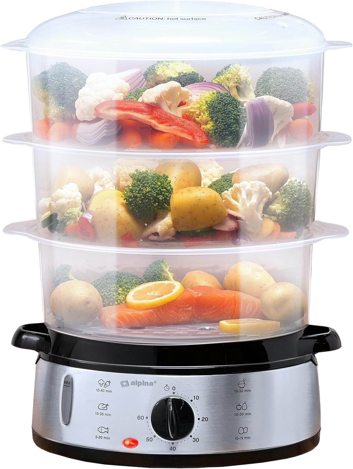 alpina Electric Steamer 800 W - 3-Layer Baby Steamer BPA Free - Rice Cooker Dishwasher Safe - Ready to Use in 0 to 60 Minutes - 9 Liter Capacity - Plastic/RVS - Gray