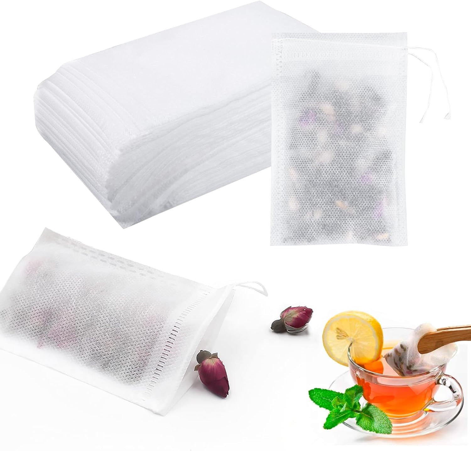 Tea Filter Bags Disposable with Drawstring, Tea Bags for Loose Tea, Tea Filter Bags, Pack of 200 Tea Bags Empty (8 x 12 cm)