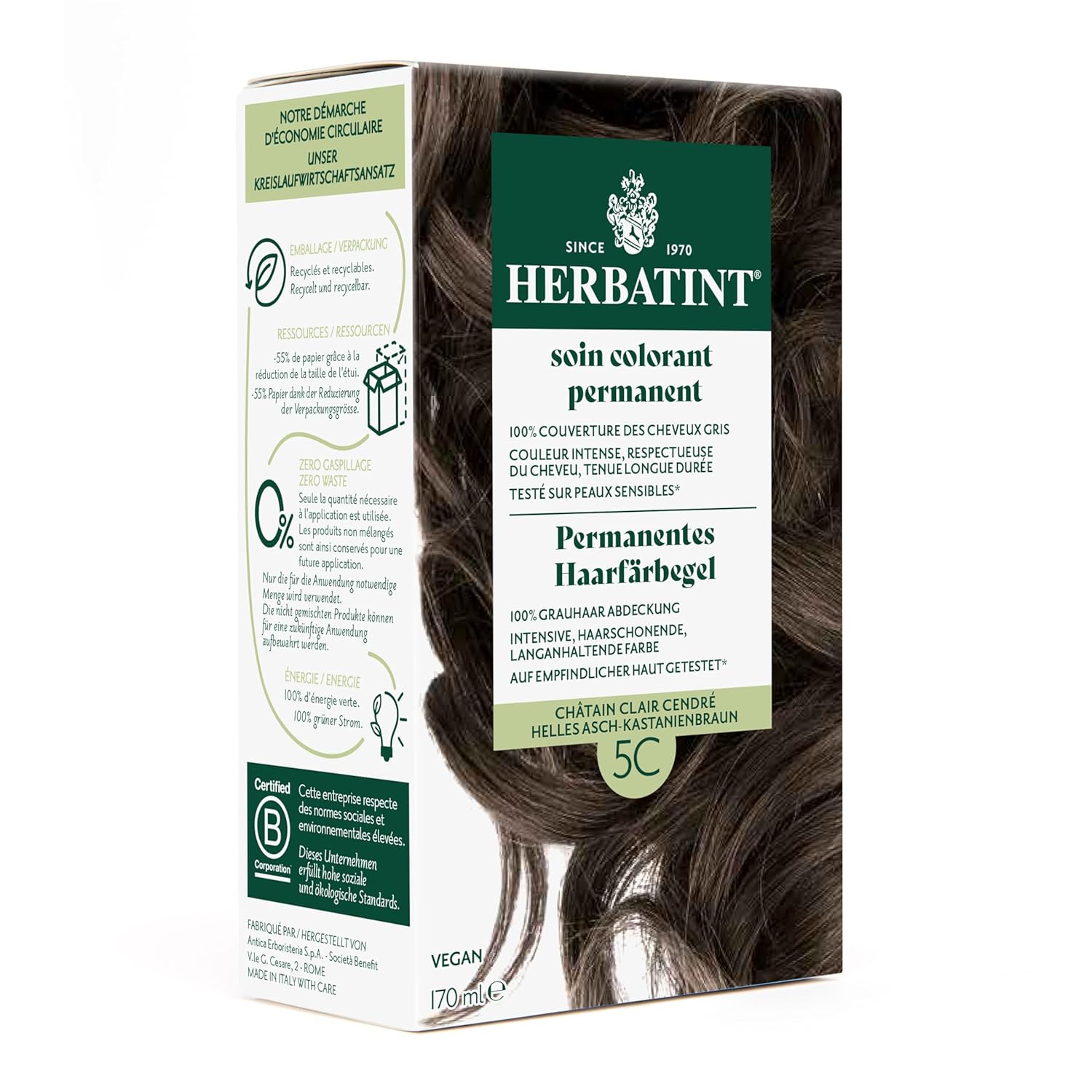 Herbatint Permanent Hair Dye Gel 5C Light Ash - Chestnut Brown - 170 ml I No Ammonia, Optimal Gray Hair Coverage I Tested for Sensitive Skin with 8 Plant Extracts