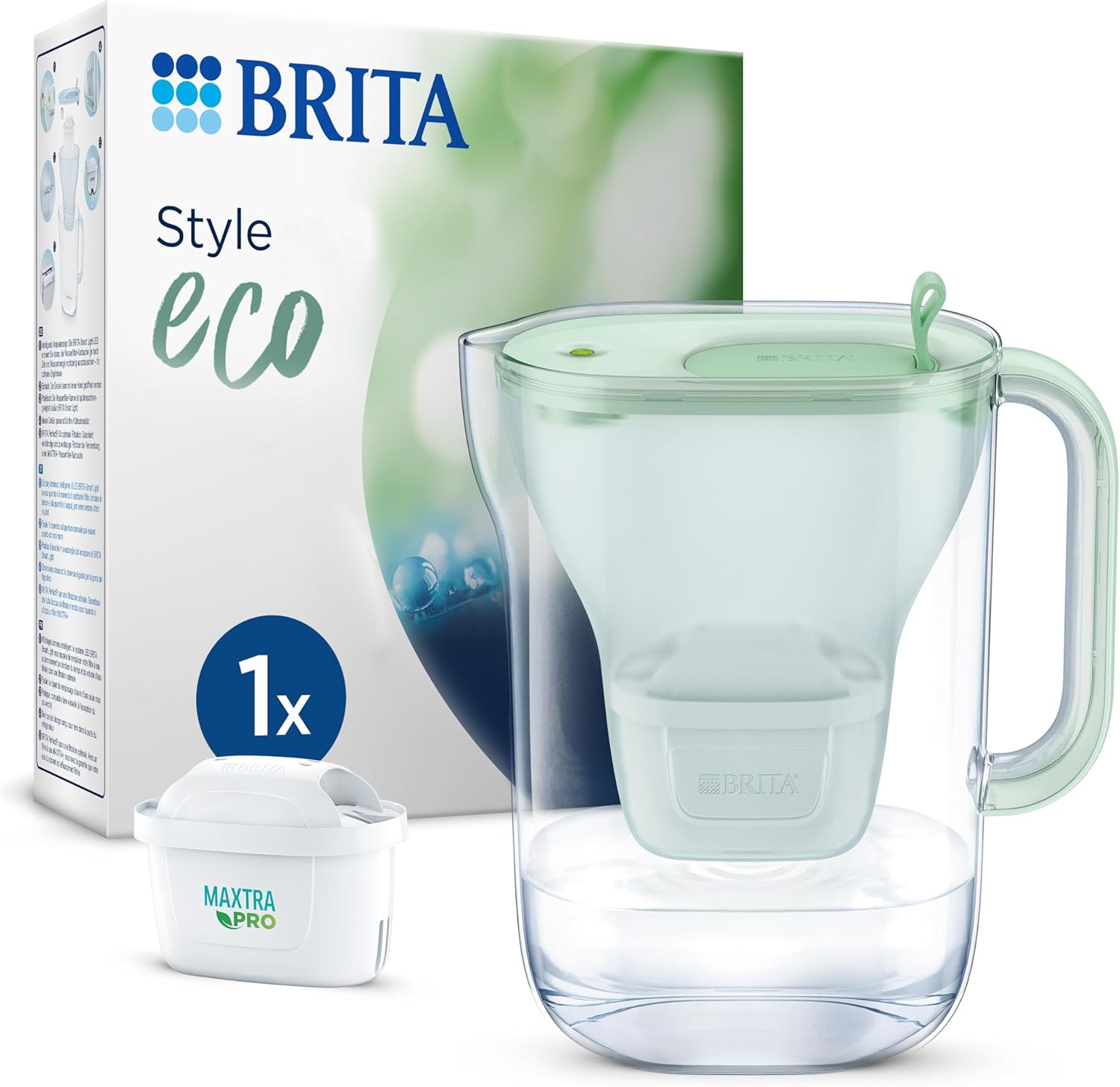 BRITA Style Eco Green Water Filter Jug (2.4 L) Including 1 Maxtra Pro All-in-1 Cartridge - Sustainable Water Filter in Modern Design to Reduce Limescale, Chlorine, Lead & Impurities