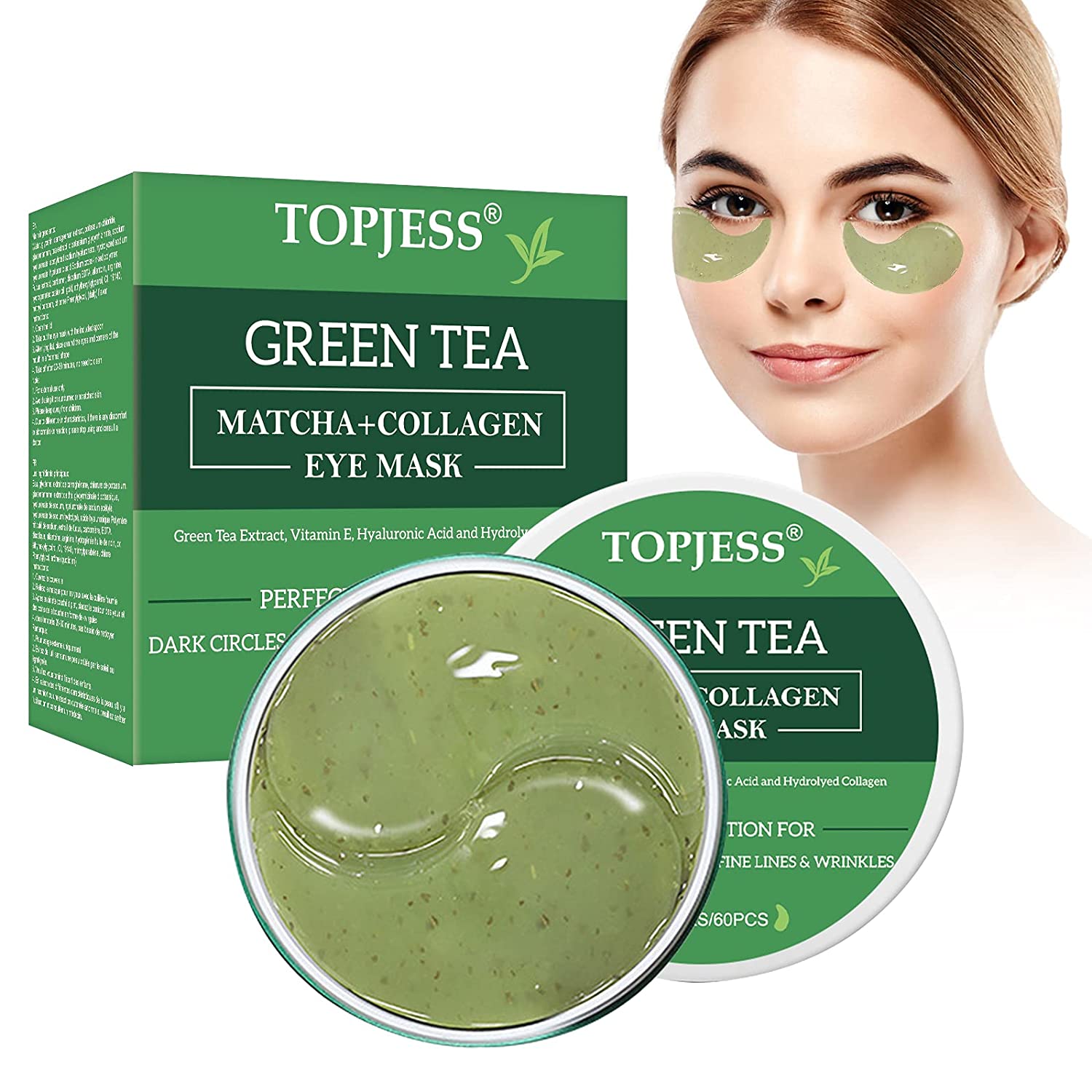 TOPJESS Green Tea Eye Mask, Anti-Ageing Eye Patches, Hyaluronic Acid and Collagen Anti-Wrinkle, Suitable for Treating Dark Circles, Tear Bags, Puffiness, 60 Pieces