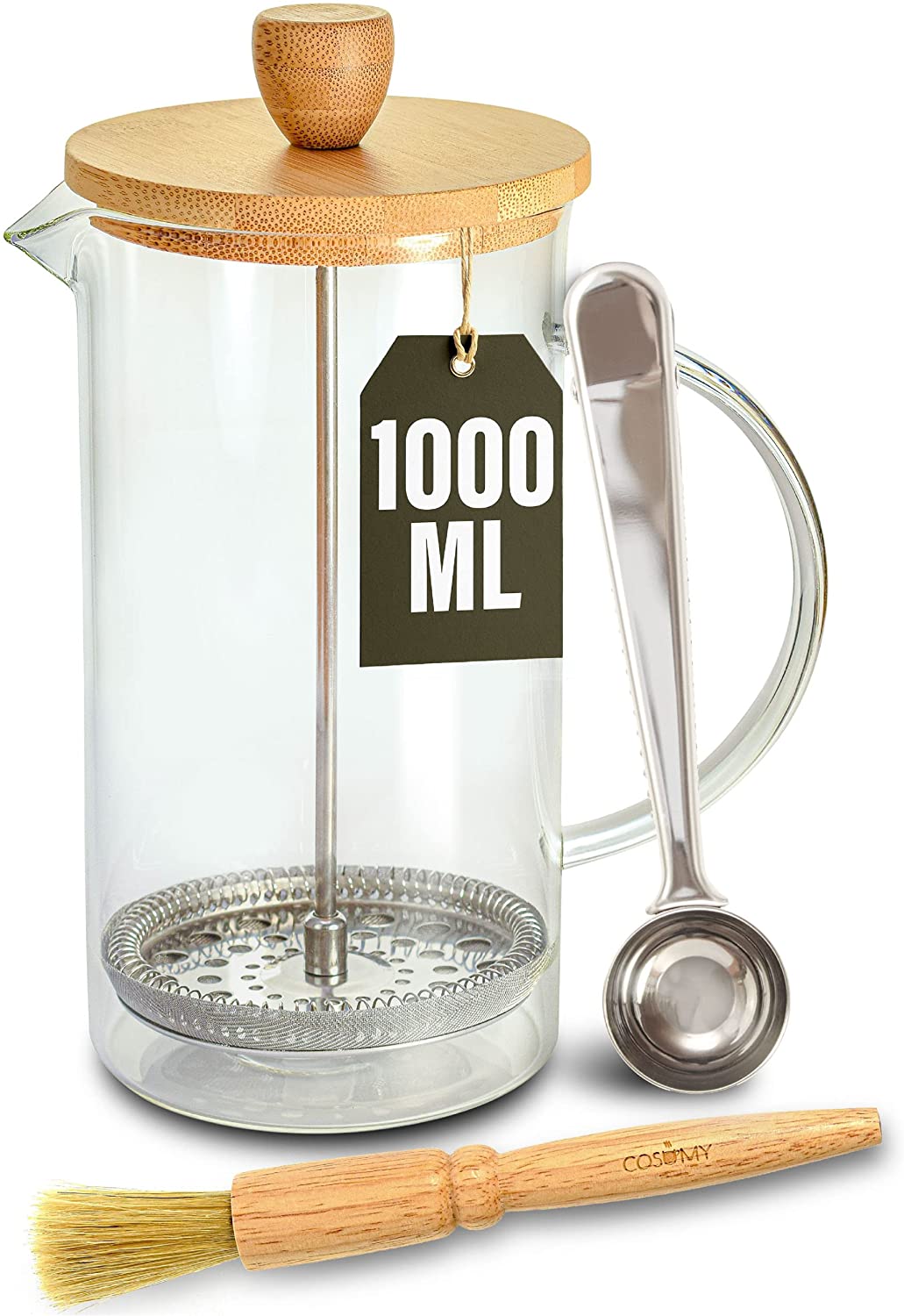 Cosumy French Press Glass 1 L - Coffee Maker for 5 Cups of Coffee - with Dosing Spoon and Cleaning Brush