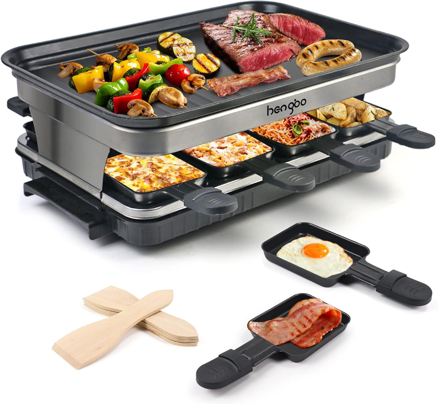 Raclette Grill for 8 People, 8 Mini Raclette Pans for Cooking Cheese and Side Dishes and a Wooden Spatula Raclette Flexible Temperature Control, Large Square Non-Stick Cooking Surface