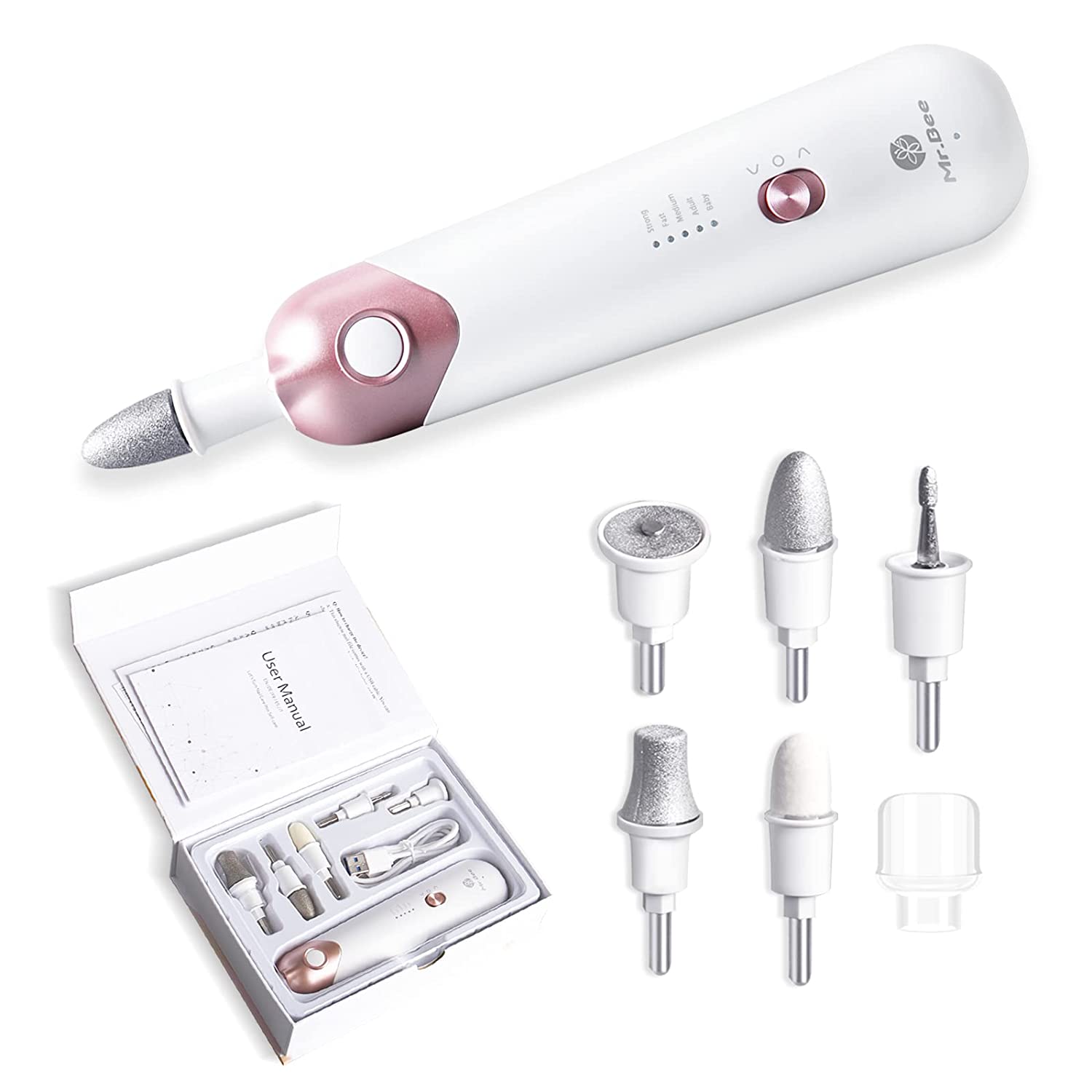 Mr.Bee Manicure Set, Pedicure Set Foot Care Electric with LED Light, Electric Nail Care with Battery, 5 Attachments for Nail Care, White, ‎white