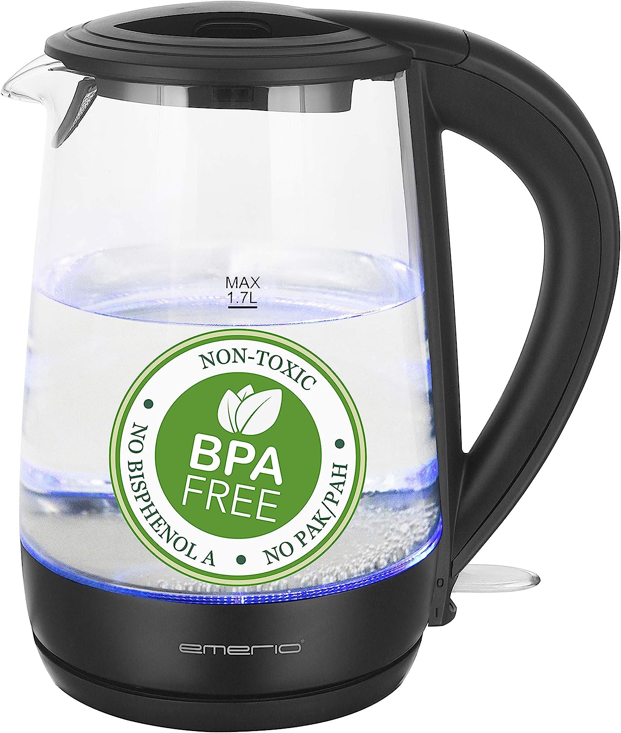 Emerio WK-123124 Glass Kettle, 1.7 l Volume, BPA-Free, Made of Best Borosilicate Glass, 2200 Watt, Blue Led Interior Lighting, Overheating Protection, with High-Quality Stainless Stainless Heating Element