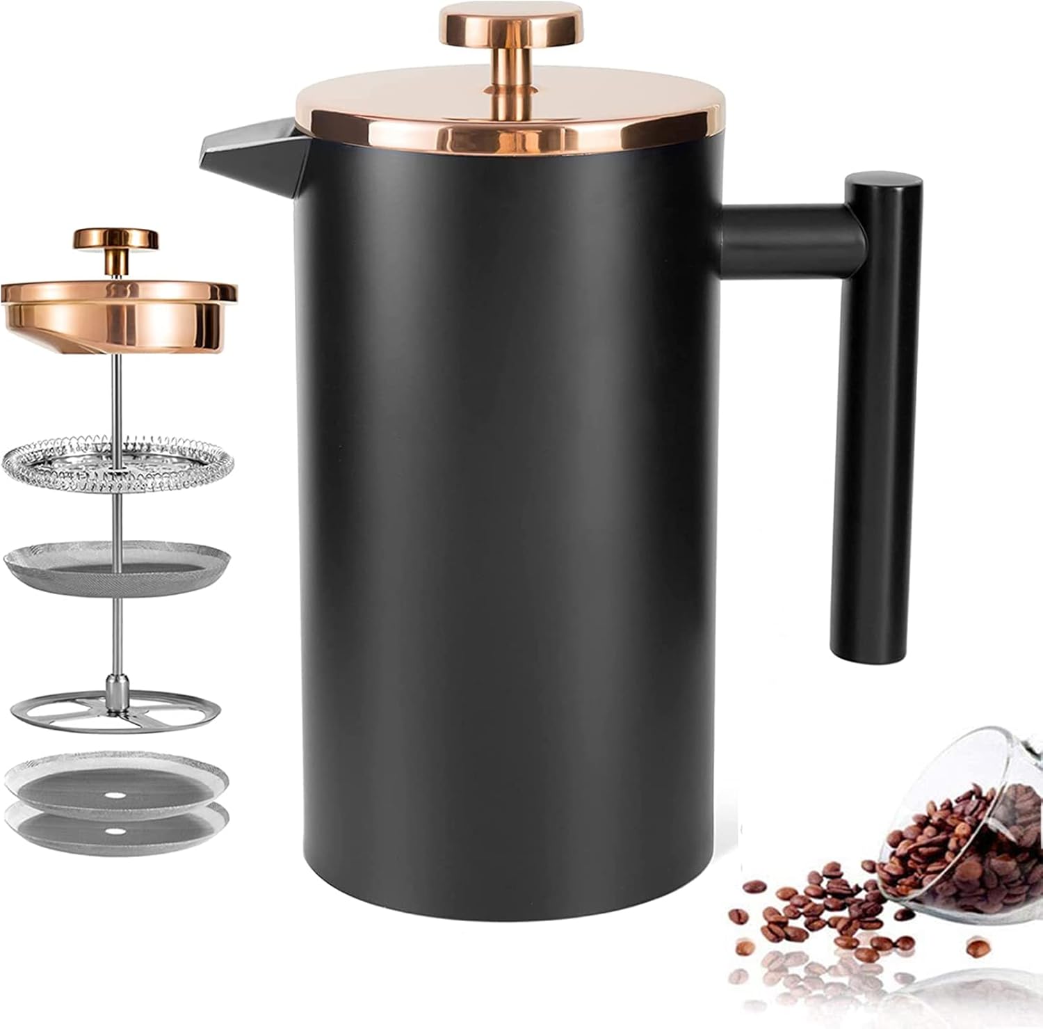 French Press Coffee Maker 1.5 Liters / 12 Cups Stainless Steel Double-Walled Insulated Thermal Coffee Pot with 2 Extra Strainers, Black 1500 ml (1500 ml, Black)