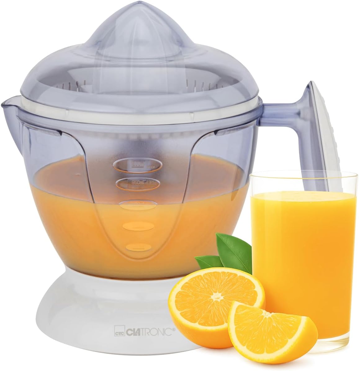 Clatronic® Electric Juicer | Automatic start/stop function | 1.2 Liter Orange Juicer | Includes 2 Press Cones | Aroma Lid | Clockwise rotation | Orange Press Electric | ZP 3066
